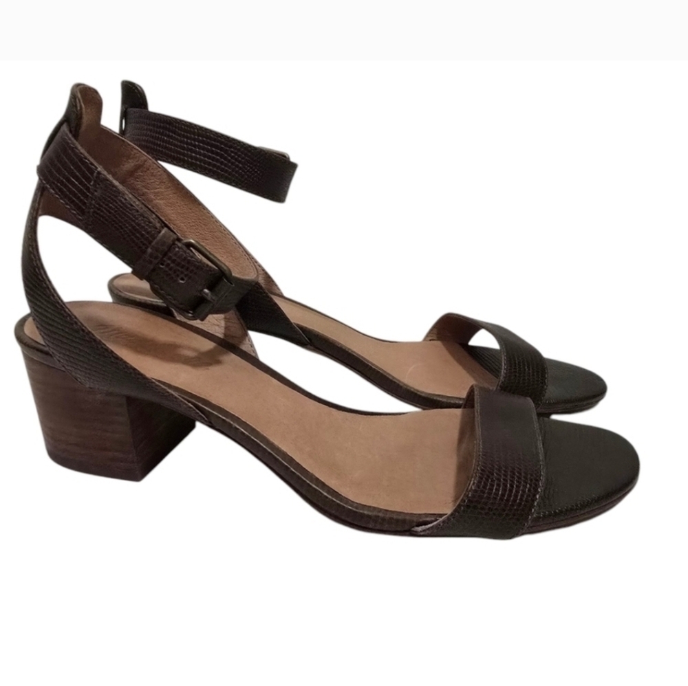 Madewell Simple Mid-Heel Sandals in Embossed Leather Brown Strappy Summer